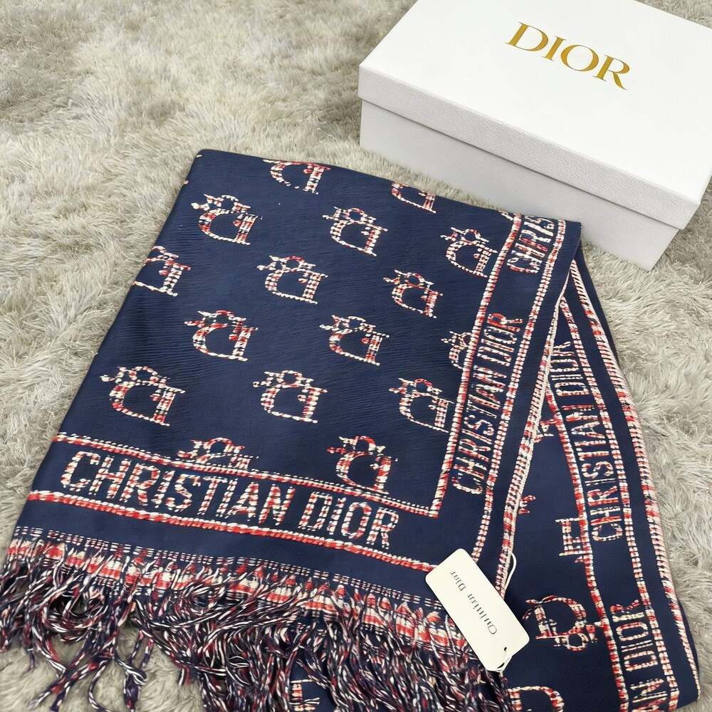 Dior Navy Pink Oblique Border Fringe Scarf